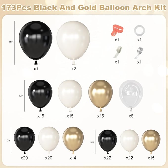 Amandir 173Pcs Black Pearl White Gold Balloons Arch Garland Kit,