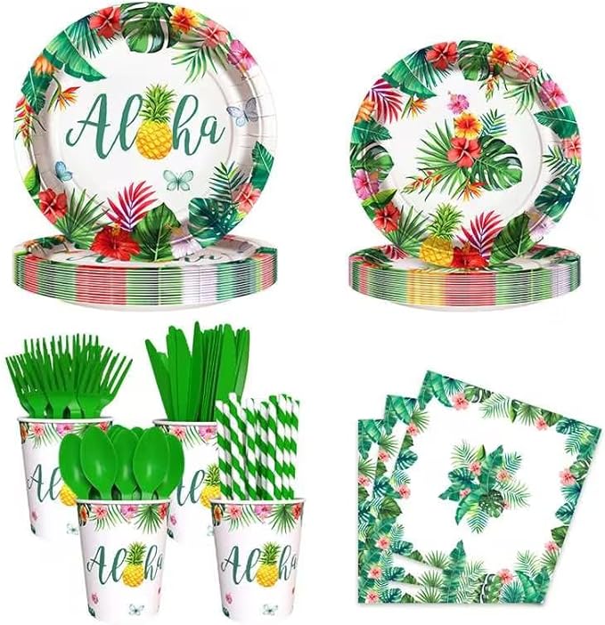 192 PCS Hawaiian Luau Party Decorations Tropical Paper Plates Cups