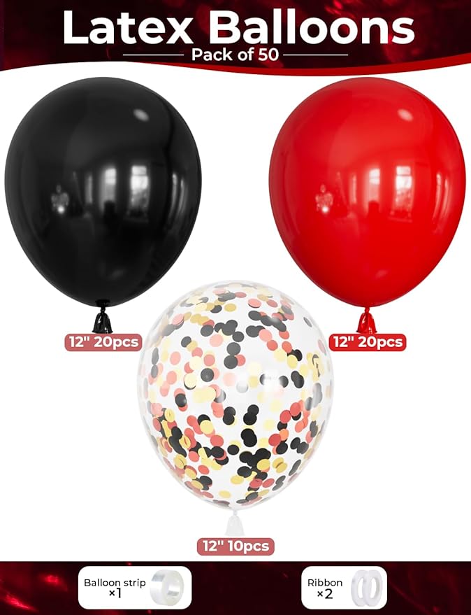 Red and Black Balloons - 12 Inch Red Black Latex Balloons Glitter