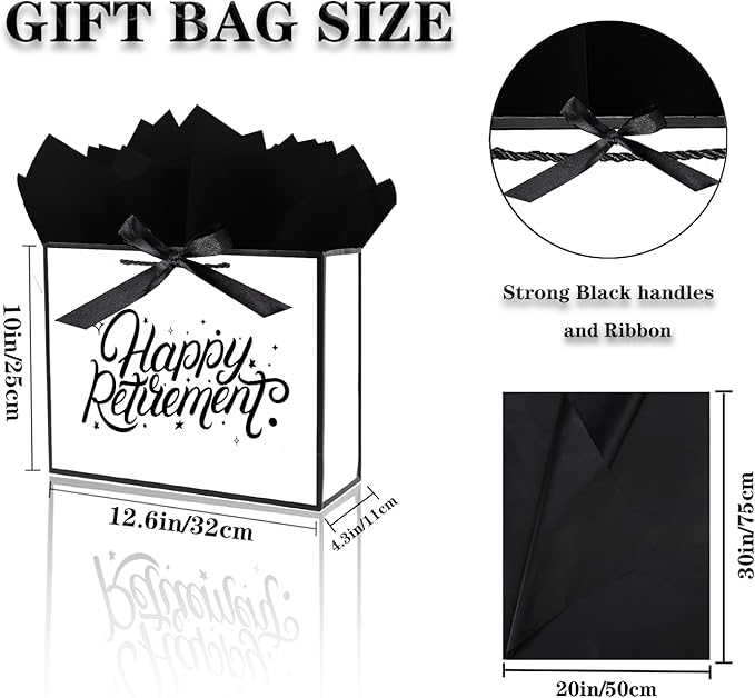 JWSCYSY 12.6" White and Metallic Black Gift Bag with Card, Ribbon and