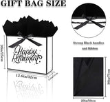 JWSCYSY 12.6" White and Metallic Black Gift Bag with Card, Ribbon and