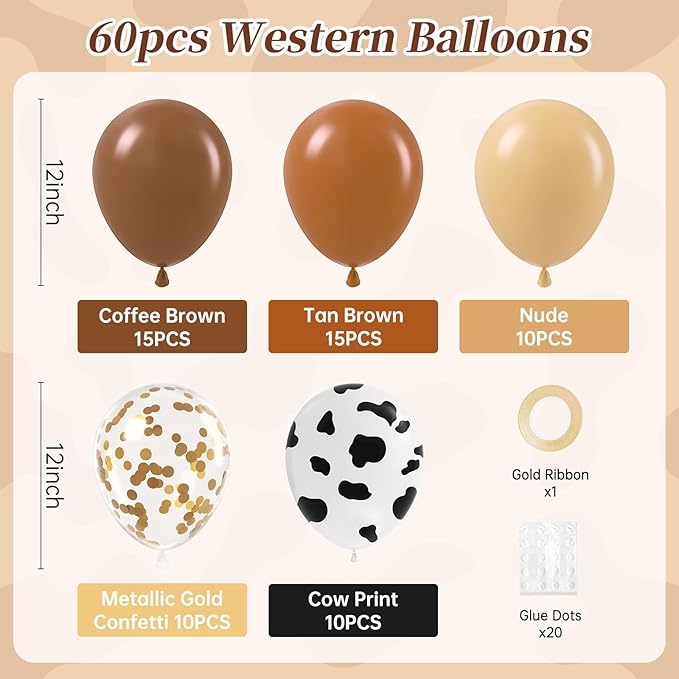 Brown Western Balloons, Brown Nude Gold Confetti Cow Print Latex