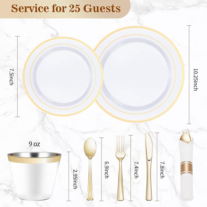 BESTVIP 175PCS Gold Plastic Dinnerware Set, Disposable Party Plates
