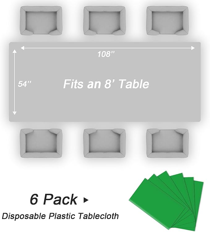 QIKSION Green Plastic Table Cloth Disposable 6 Pack, 54 x 108 Inch