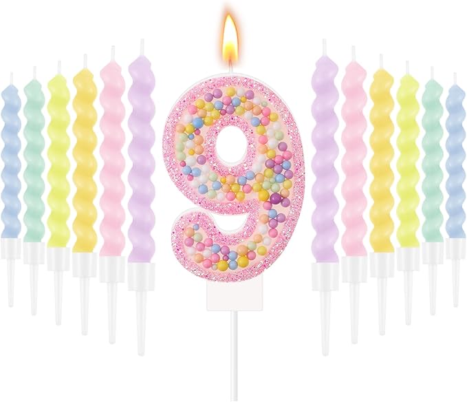 MTLEE Number 9 Birthday Candle with 12 Pcs Spiral Candles for Girls