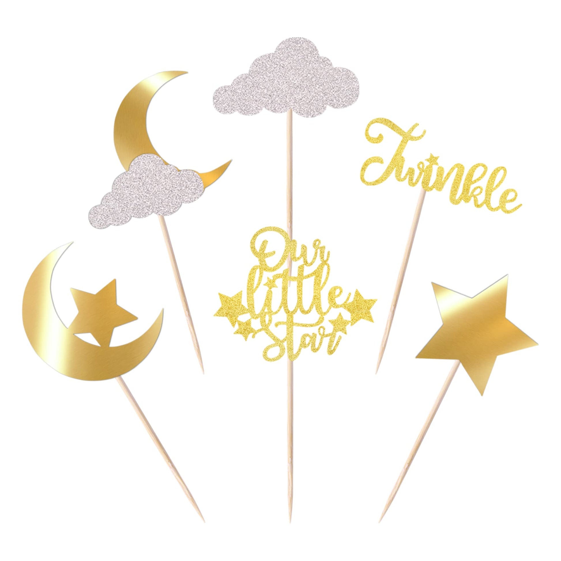 24 Pack Little Star Cupcake Toppers Glitter Moon Cloud Cupcake Pi Gold