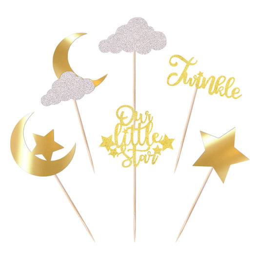 24 Pack Little Star Cupcake Toppers Glitter Moon Cloud Cupcake Pi Gold