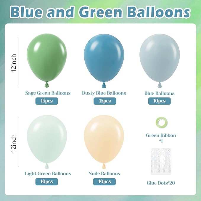 60pcs Blue and Green Balloons - Sage, Dusty Blue, Pastel Green, Nude