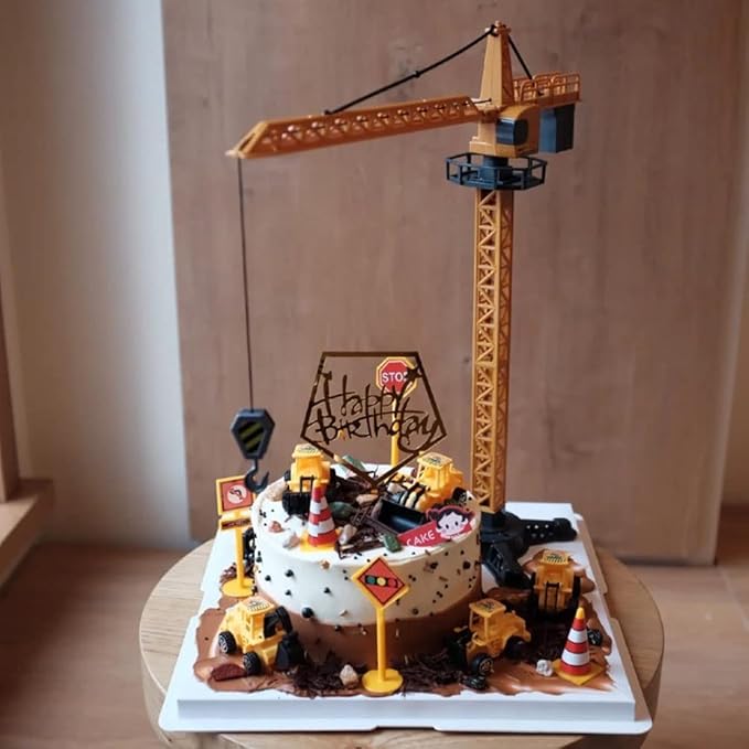 Construction Cake Topper Large Crane Excavator Traffic Road Sign