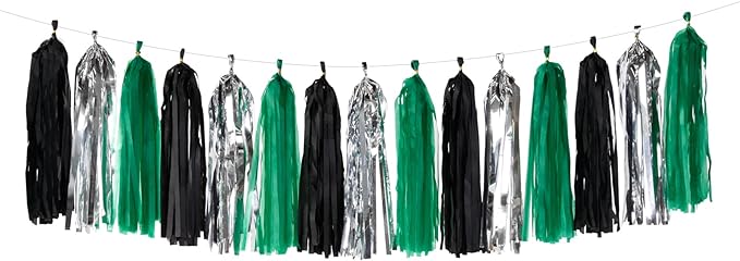Black Green Silver Tassel Garland - 15pcs Soccer Party Supplies