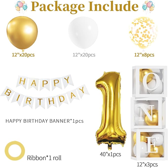 First Birthday Decorations 40 Inch Gold Number 1 Balloons HAPPY