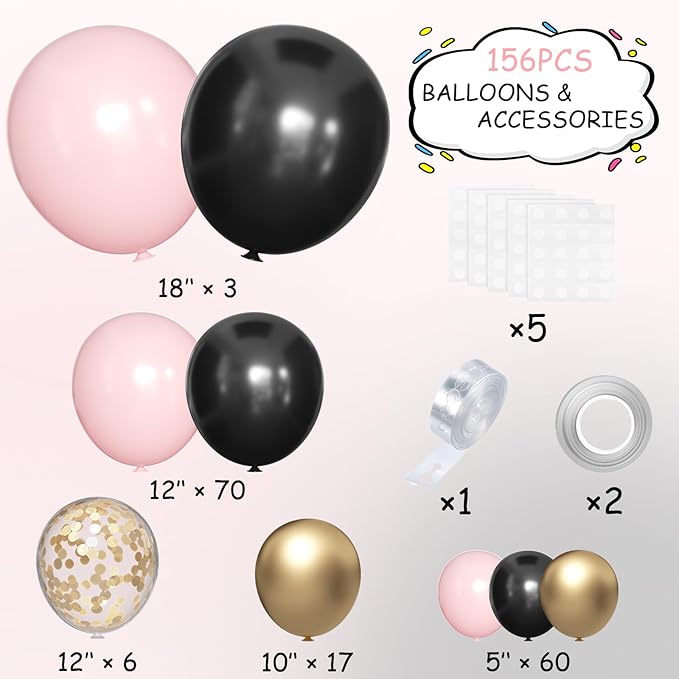 Black Pink and Gold Balloon Garland Arch Kit 156 Pastel Pink Matte