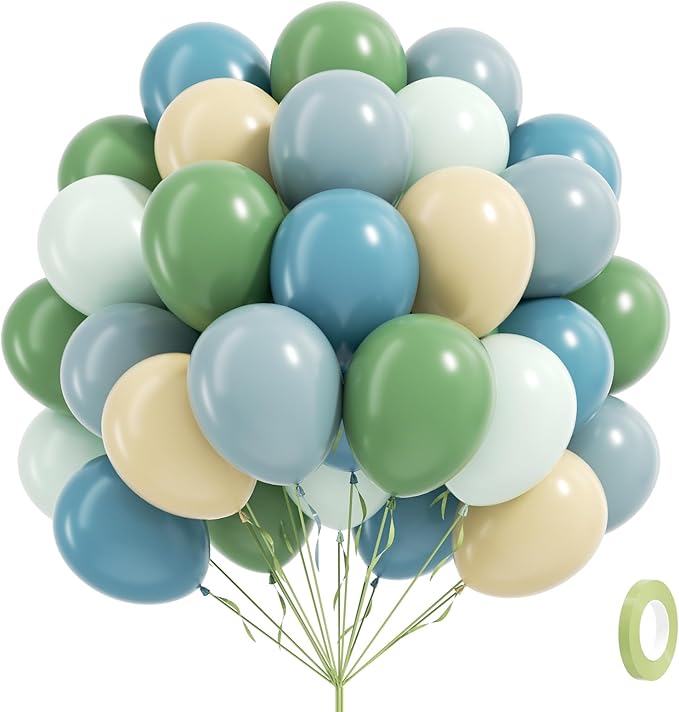 60pcs Blue and Green Balloons - Sage, Dusty Blue, Pastel Green, Nude