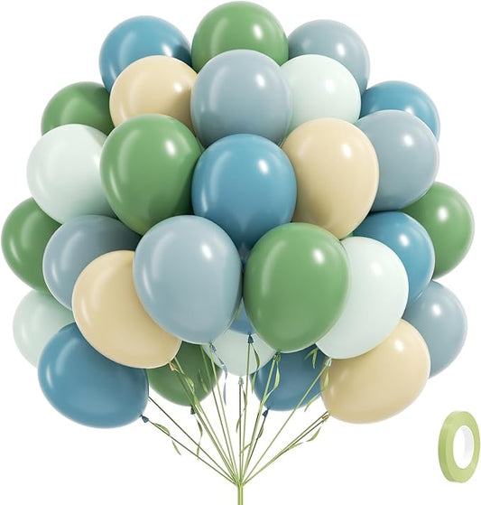 60pcs Blue and Green Balloons - Sage, Dusty Blue, Pastel Green, Nude