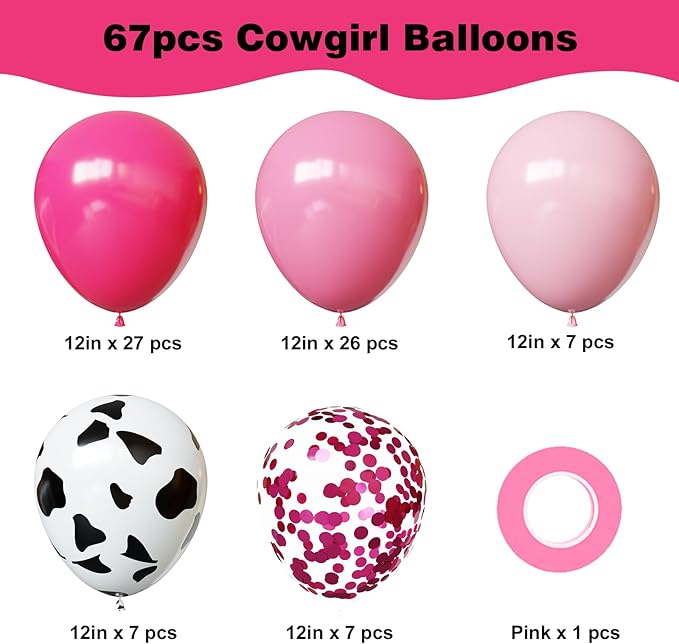 YMSZ Pink and Cow Print Balloons, 67pcs 12 Inch Cowgirl Balloons,