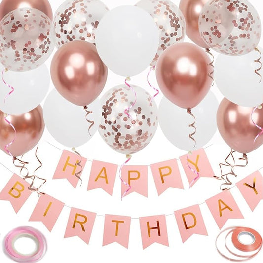 Happy Birthday Banner, Rose Gold Birthday Decoration, 16 pcs 12 inch