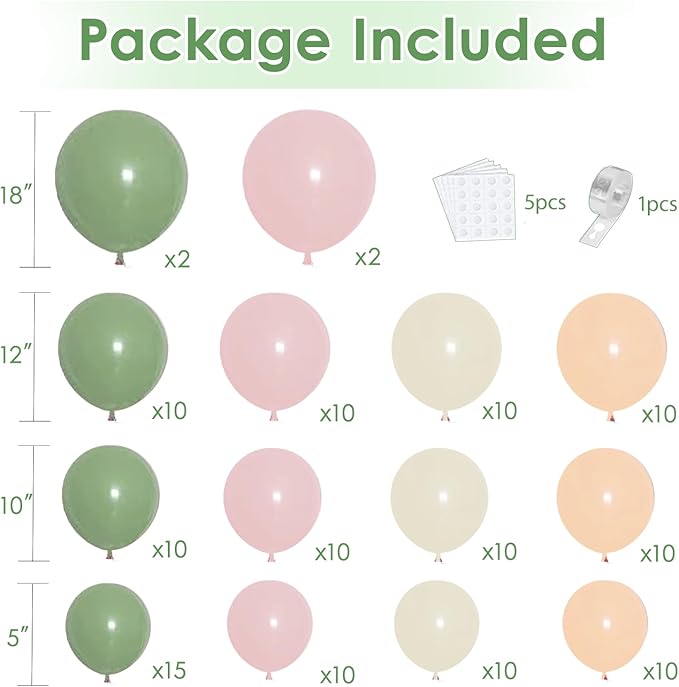 Pink and Green Neutral Balloon Arch Kit, Pink White Green Balloon