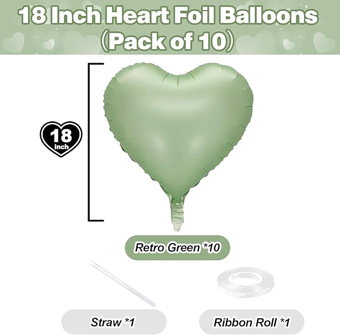 Sage Green Heart Foil Balloon, 10PCS Olive Green Heart Helium