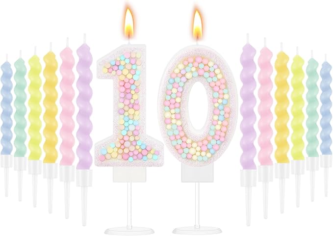 MTLEE Number 10 Birthday Candle with 12 Pcs Spiral Candles for Girls