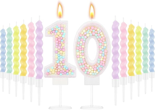 MTLEE Number 10 Birthday Candle with 12 Pcs Spiral Candles for Girls