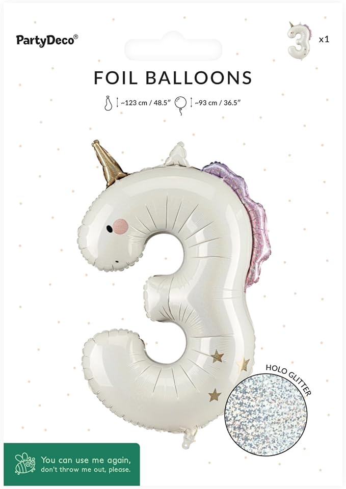 Unicorn Number 3 Balloon PartyDeco 36.5 Inch Holographic Foil 3rd