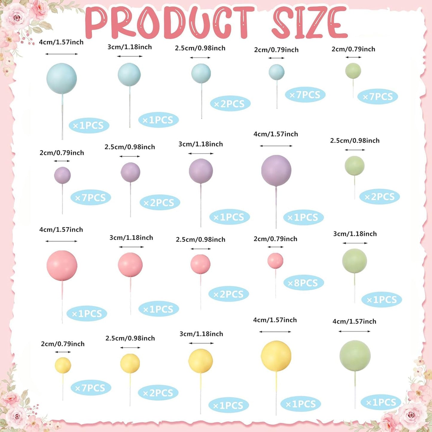 64 PCS Rainbow Cake Toppers with Balls Flowers Boho Cake Topper for