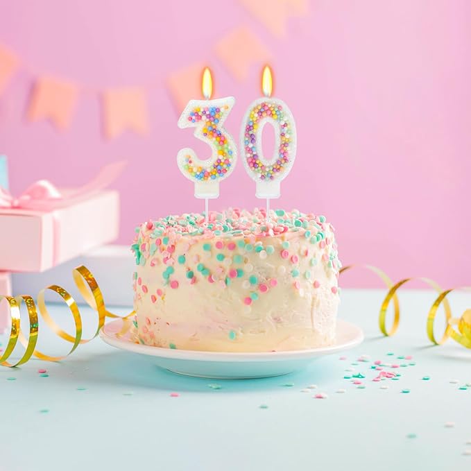 30th Birthday Candle for Cake, Colorful Macaron Numeral Candles for Wo