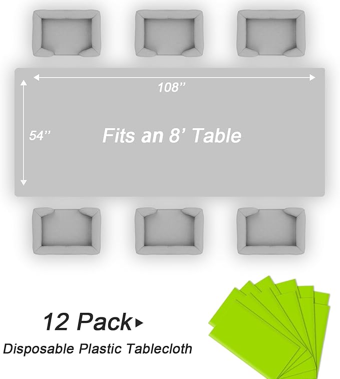 QIKSION Lime Green Plastic Table Cloth Disposable 12 Pack, 54 x 108