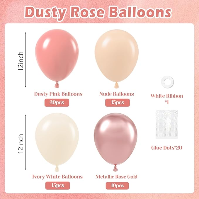 60pcs Dusty Pink Balloons, Blush Pink Dusty Rose Nude Ivory White