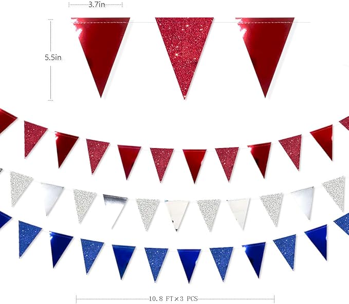 30 Ft Red Silver Blue Triangle Pennant Banner Bunting Hanging Paper