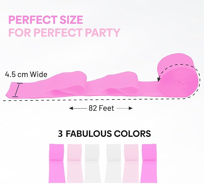 6 Crepe Paper Streamer Rolls, 492ft Pack of 6 Pink & White Streamers