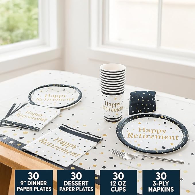 Serves 30 Happy Retirement Complete Party Pack 9 Dinner Paper Plates