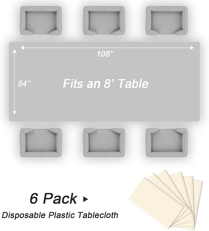 QIKSION Ivory Plastic Table Cloth Disposable 6 Pack, 54 x 108 Inch