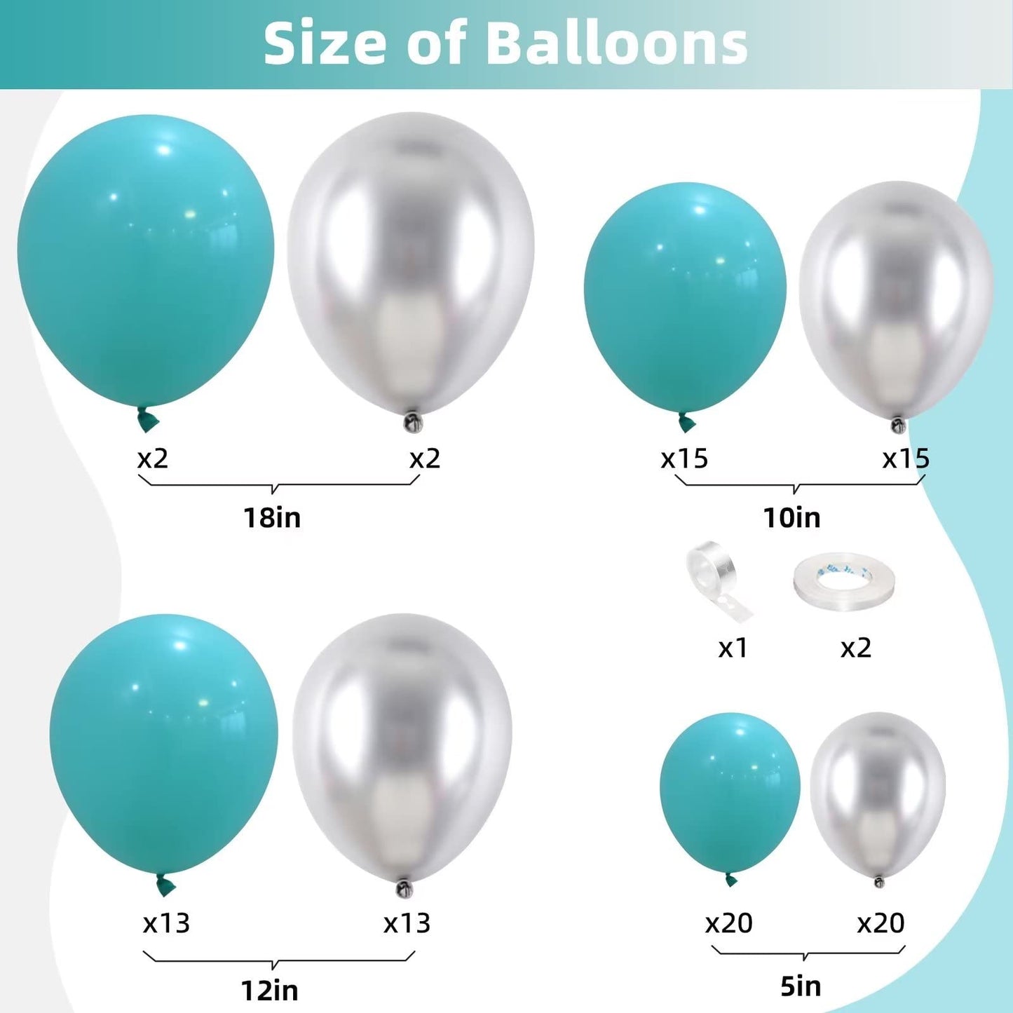 Teal Balloon Garland Kit, 100 Pcs Metallic Silver and Teal Blue