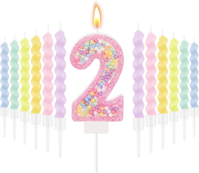 MTLEE Birthday Candle Macaron Glitter 3D Number Candle with 12 Pcs