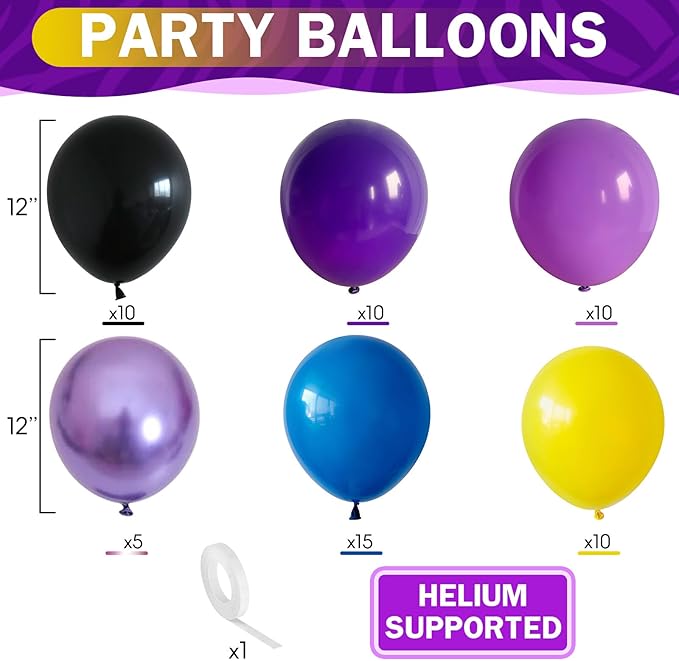 HILAVO Purple Blue Yellow Black Balloons 60 Pcs Metallic Purple Royal