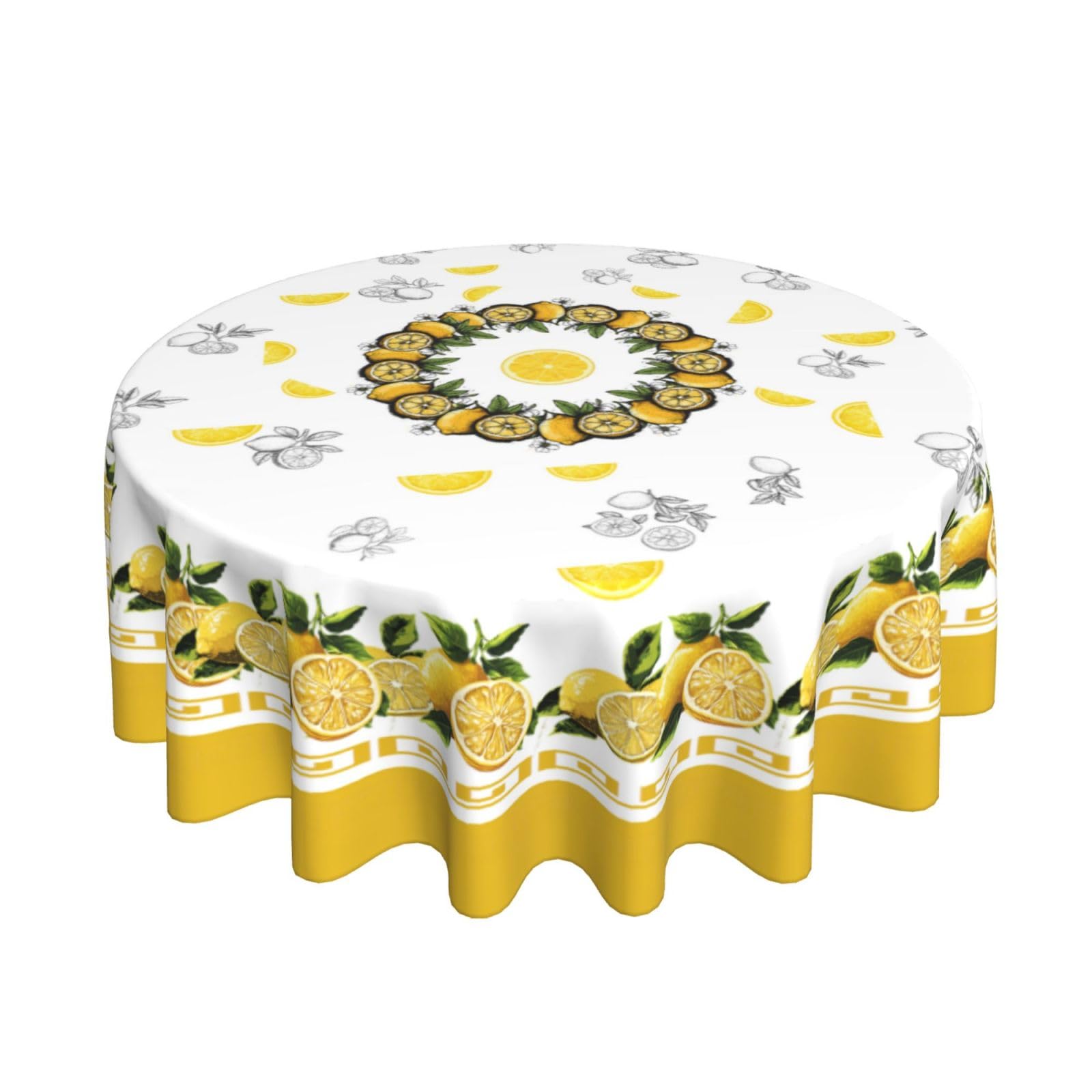 elezan Lemon Round Tablecloth 70 inch, Yellow Citrus Fruit Summer