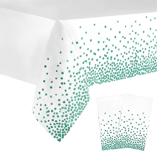 2 Packaging White and Green Plastic Tablecloth, 54 inch x108 inch