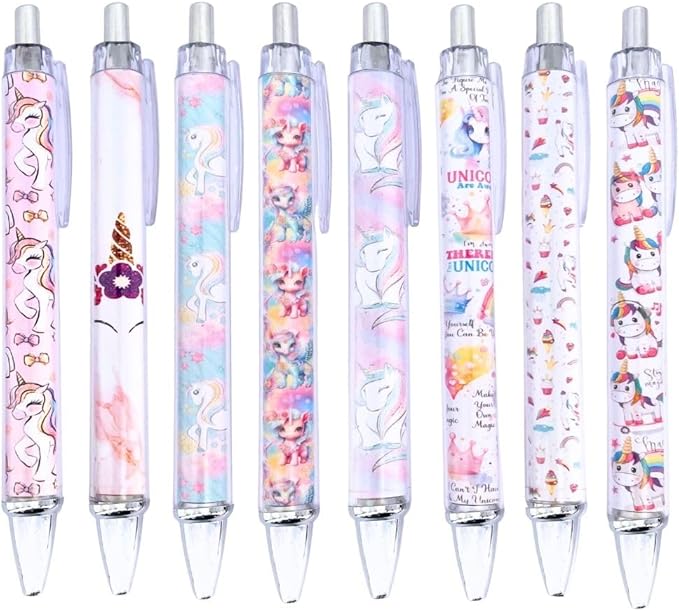 8PC Unicorn Pens Cute Cool Fun Rainbow Glitter Sparkle Animal Pen
