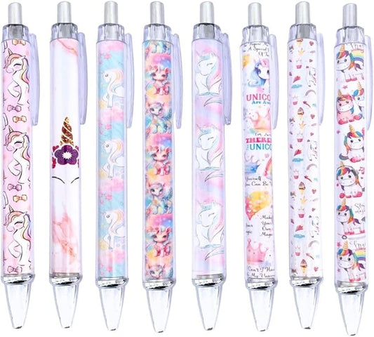 8PC Unicorn Pens Cute Cool Fun Rainbow Glitter Sparkle Animal Pen