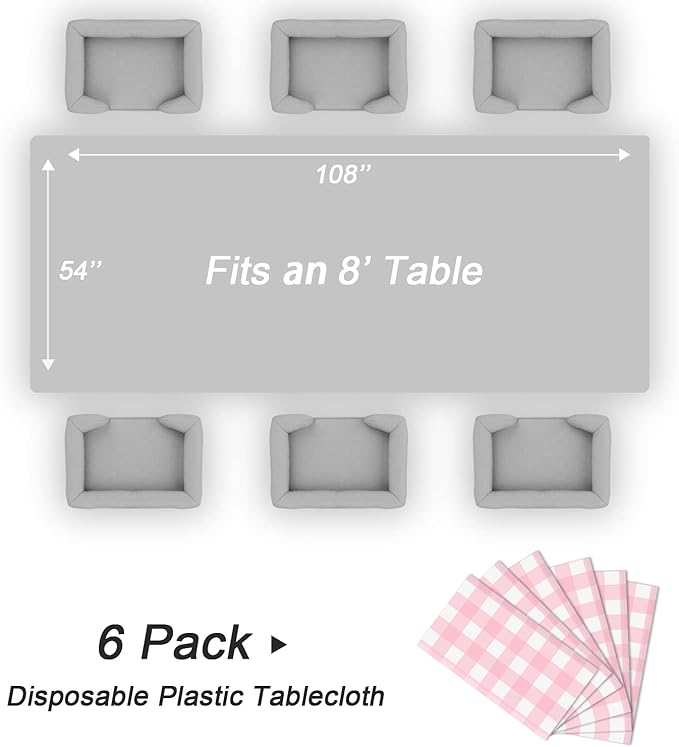 QIKSION Pink Gingham Tablecloth Disposable 6 Pack, 54 x 108 Inch Pink