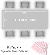 QIKSION Pink Gingham Tablecloth Disposable 6 Pack, 54 x 108 Inch Pink