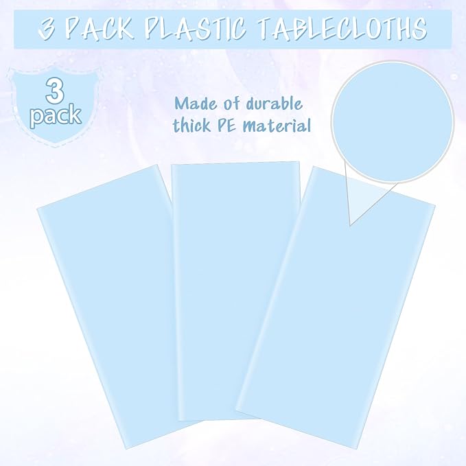3Pcs Light Blue Tablecloths,Disposable Plastic Tablecloth,Waterproof