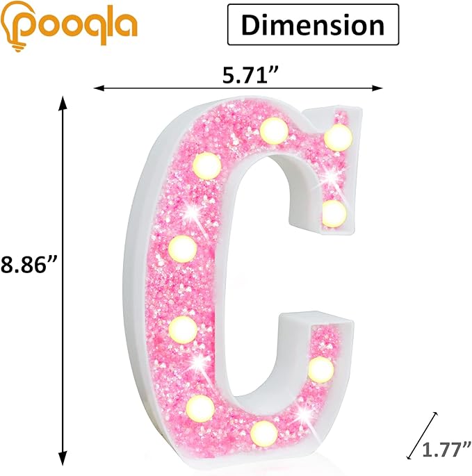 Pooqla LED Marquee Letter Lights, Pink Glitter Alphabet Sign Battery
