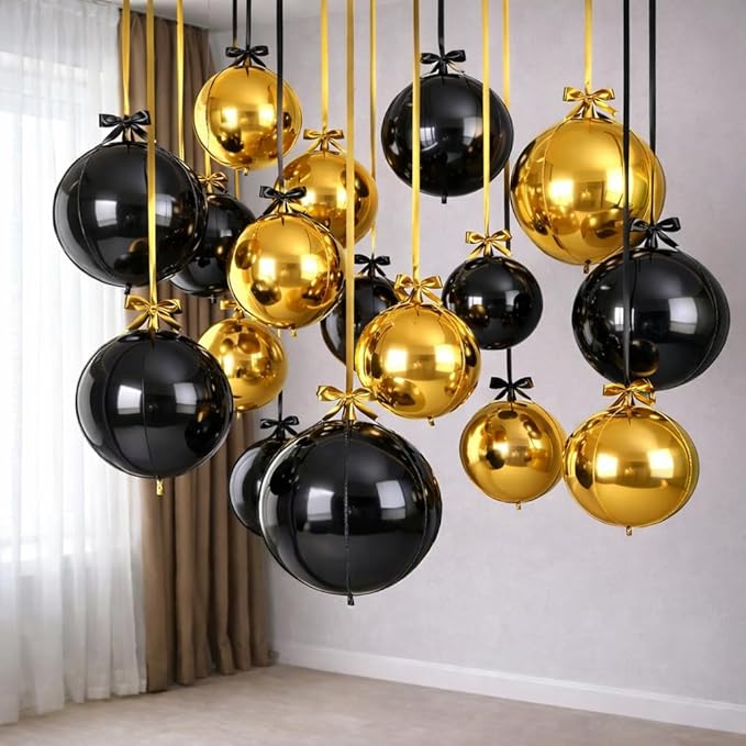 Togvu Black Gold Round Foil Balloons, 16PCS Different Sizes 4D
