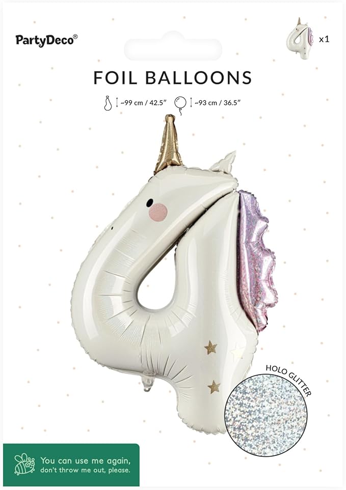 Unicorn Number 4 Balloon PartyDeco 36.5 Inch Holographic Foil