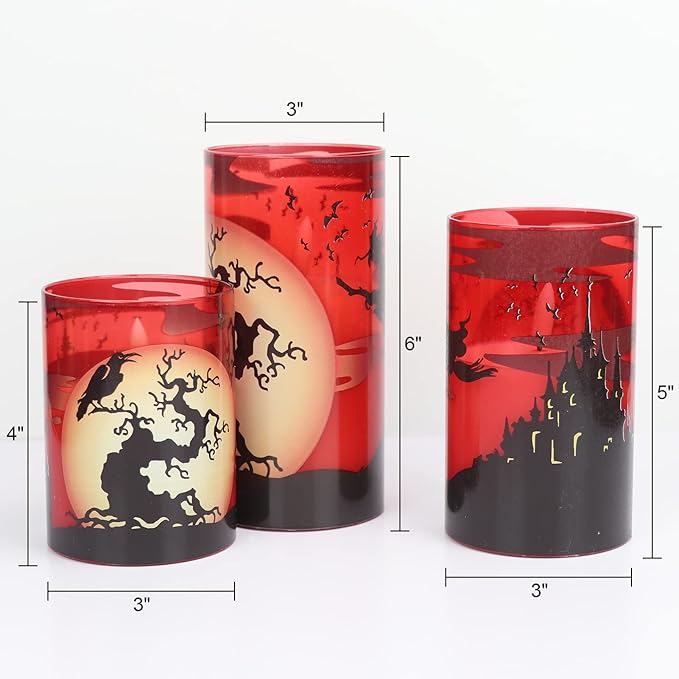Halloween Flickering Candles with Witch Crow Raven Castle Decals Red
