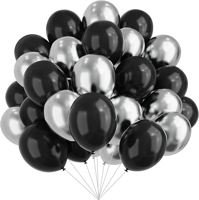 Black and Silver Balloons, 67pcs 12 Inch Metallic Silver and Black