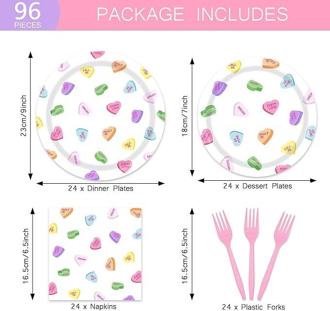 96Pcs Valentines Day Paper Tableware Set Conversation Hearts Party