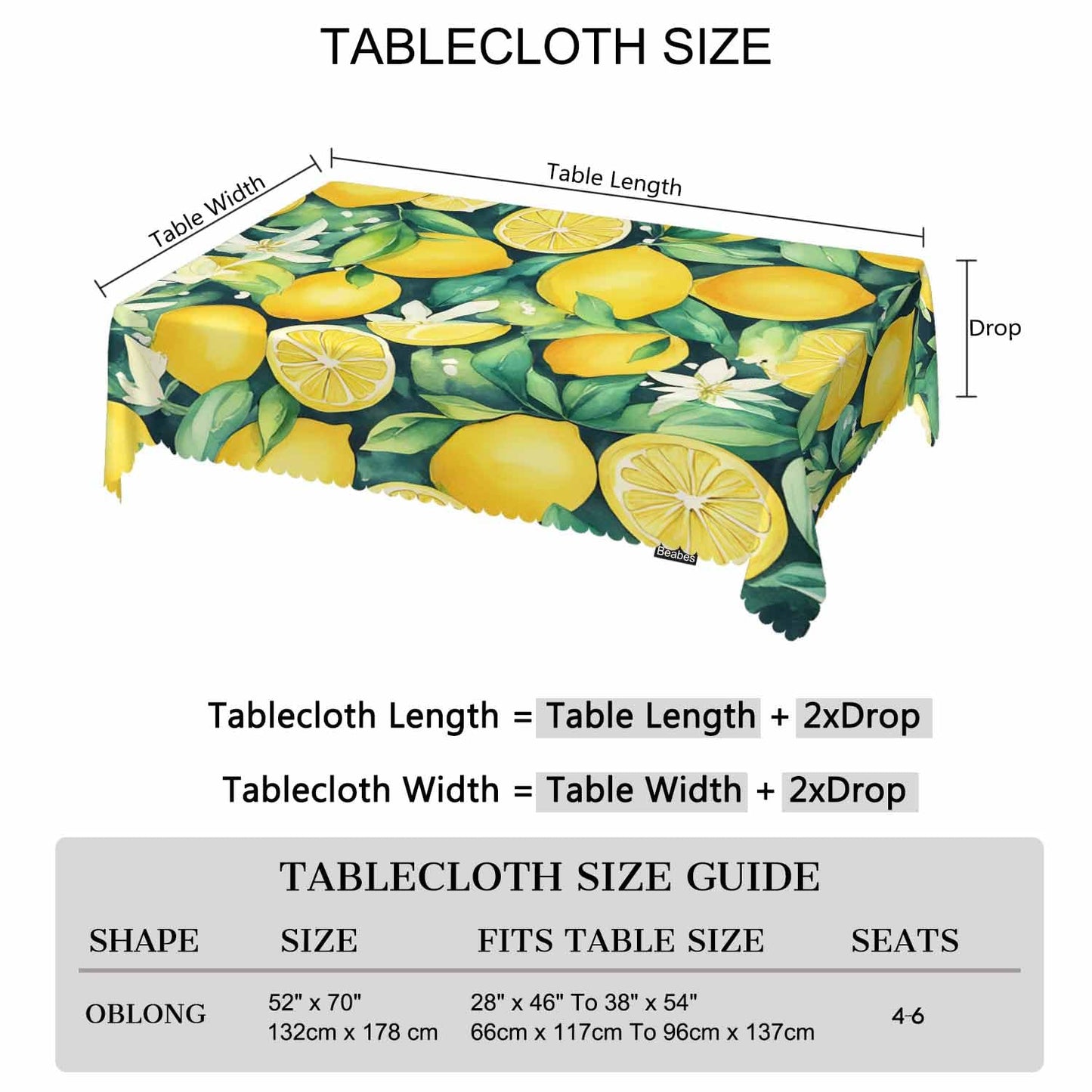 Beabes Lemon Table Cloth Rectangle Table 52"X70", Tropical Lemon